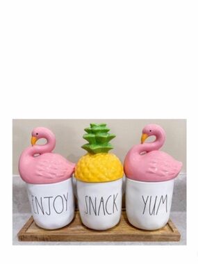 NEW Rae Dunn Enjoy Snack Yum Canister Cellars With Wooden Lids & Tray